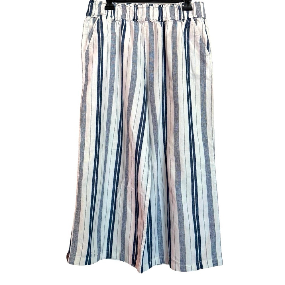 a.n.a. A New Approach Women’s Large White/Blue Striped Linen Blend Wide Leg Pant